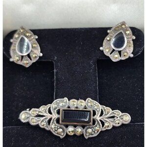 Vintage Marcasite Sterling Brooch & Pierced Earrings Set Art Deco